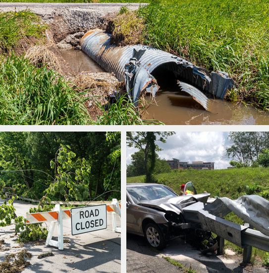 Rusted Pipe, Tree Blockage, Car Accident in Guardrail