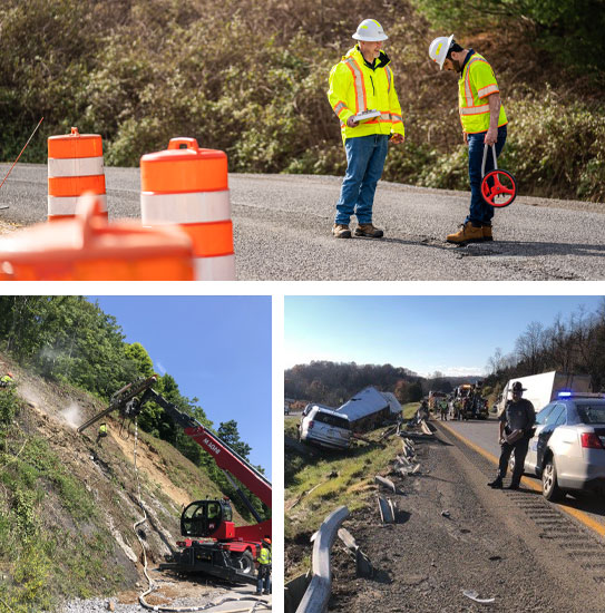 Pavement Inspection, Soil Nailing, Flattened Guardrail Accident